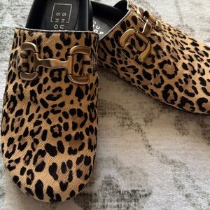 Shu Shop Leopard Print Mules/Clogs with Gold Buckle